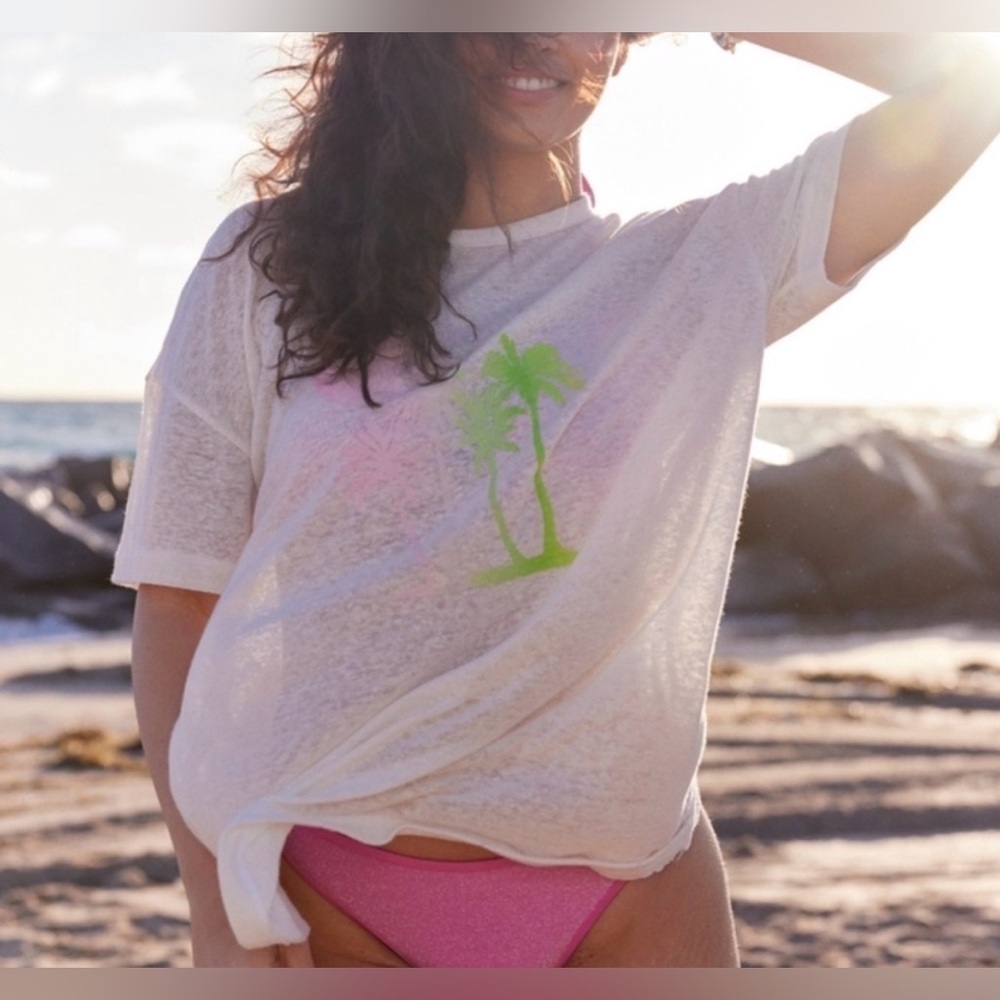 Aerie Breezy Boyfriend White Palm Tree T-Shirt Linen blend Neon Womens Med NWT